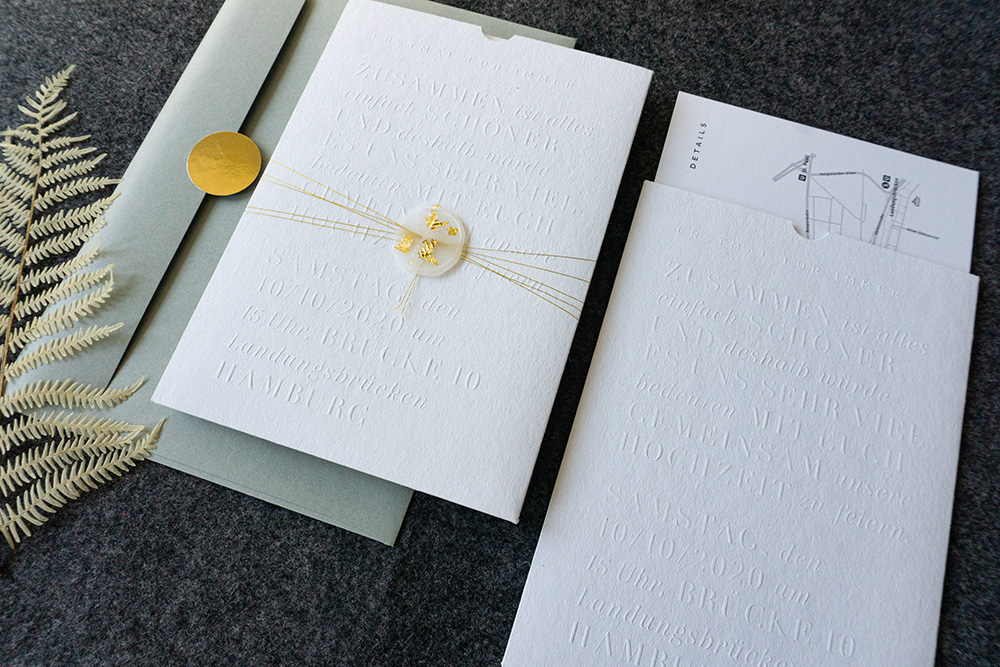 paperloveink Hochzeitspapeterie Letterpress white gold