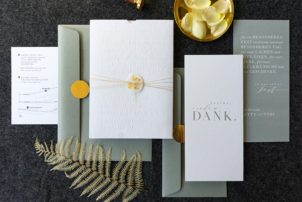 paperloveink Hochzeitspapeterie Letterpress white gold