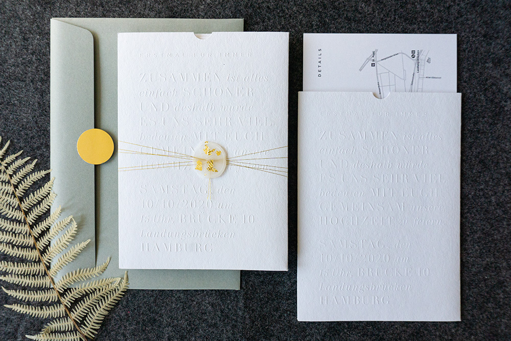 paperloveink Hochzeitspapeterie Letterpress white gold